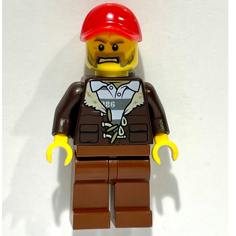 LEGO Criminal, Open Dark Brown Jacket over Prison Shirt, Red Cap, Beard (fig-007920)