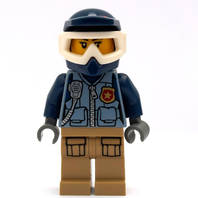 LEGO Policewoman, Sand Blue Vest with Zipper, Radio, Badge and Pouches, Tan Legs, Dark Blue Dirt Bike Helmet with Goggles (fig-007921)