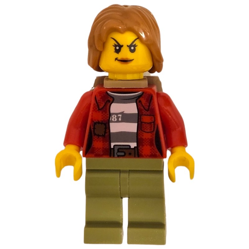 LEGO Criminal, Woman, Open Red Flannel Shirt over Prison Shirt, Medium Nougat Hair, Backpack (fig-007922)