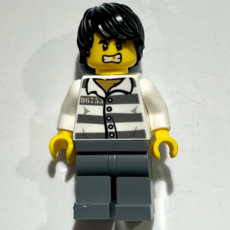 LEGO Criminal, Prison Shirt with #86753, Dark Bluish Gray Legs, Black Hair, Gold Tooth (fig-007923)
