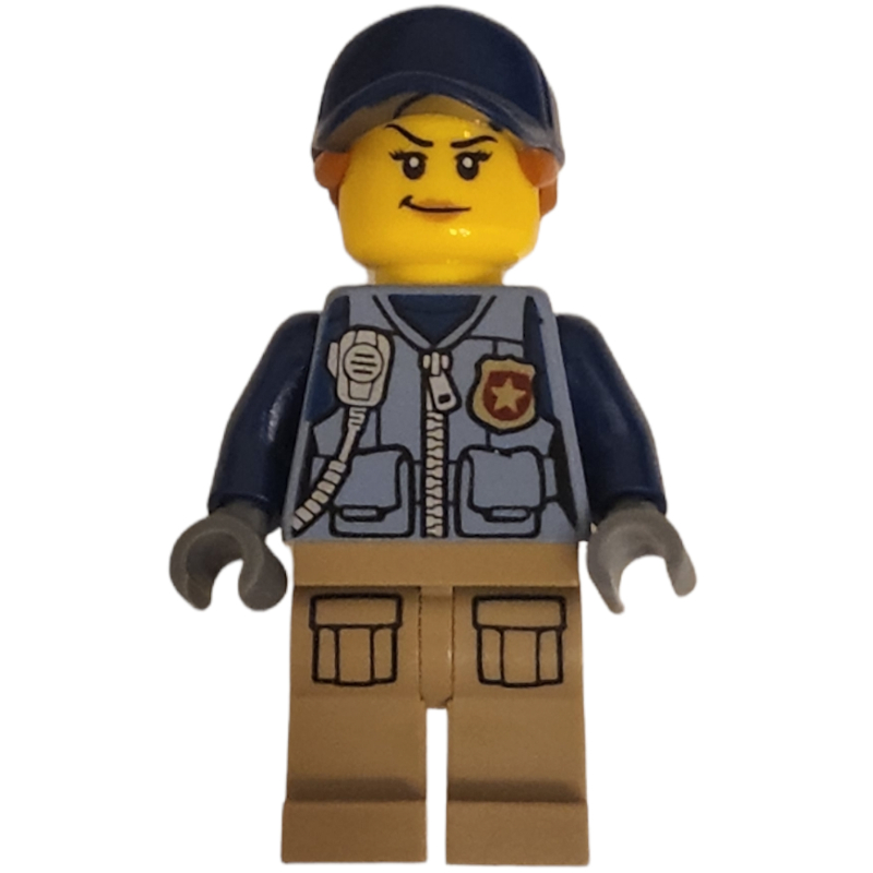 LEGO Policewoman, Sand Blue Vest with Zipper, Radio, Badge and Pouches, Tan Legs, Dark Blue Cap with Hair (fig-007924)