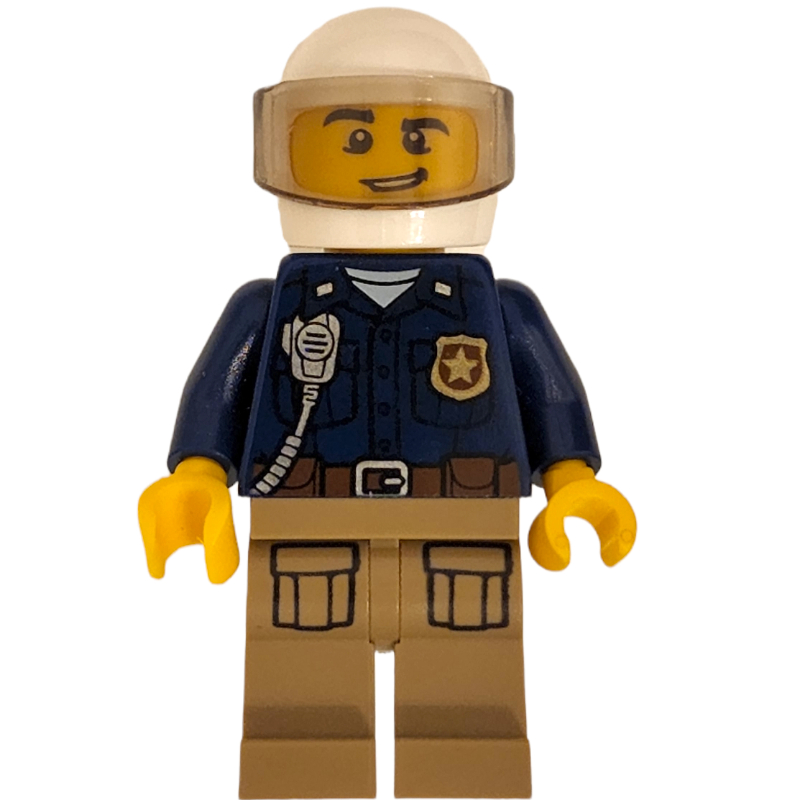 LEGO Policeman, Dark Blue Shirt with Radio and Badge, Dark Tan Legs, White Helmet with Visor (fig-007925)