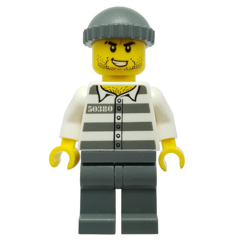 LEGO Criminal, Prison Shirt with #50380, Dark Bluish Gray Legs, Dark Bluish Gray Hat, Stubble (fig-007932)