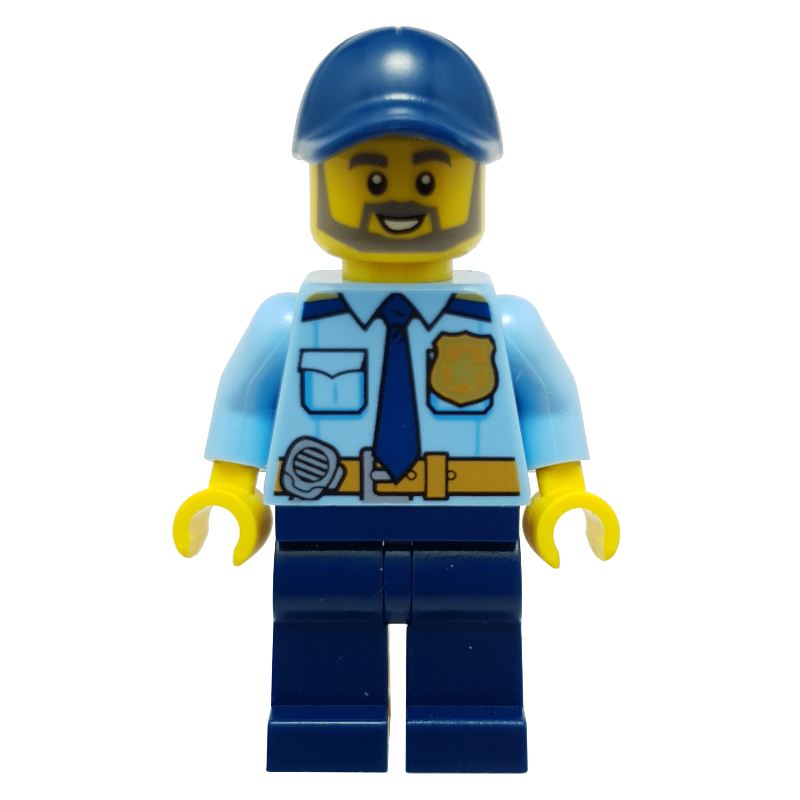 LEGO Policeman, Bright Light Blue Shirt with Dark Blue Tie, Badge, and Radio on Belt, Dark Blue Cap, Beard (fig-007933)