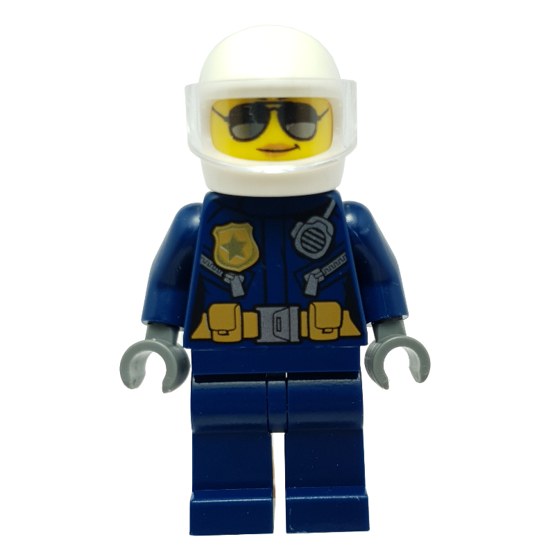LEGO Policewoman, Dark Blue Jacket with Radio, Badge, and Belt with Pouches, White Helmet with Trans-Clear Visor, Sunglasses (fig-007934)