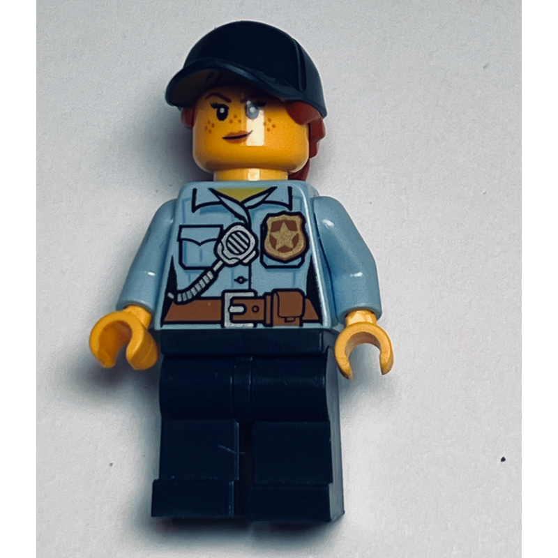 LEGO Policewoman, Bright Light Blue Shirt with Radio and Badge, Dark Blue Legs, Dark Blue Cap with Hair, Freckles (fig-007935)