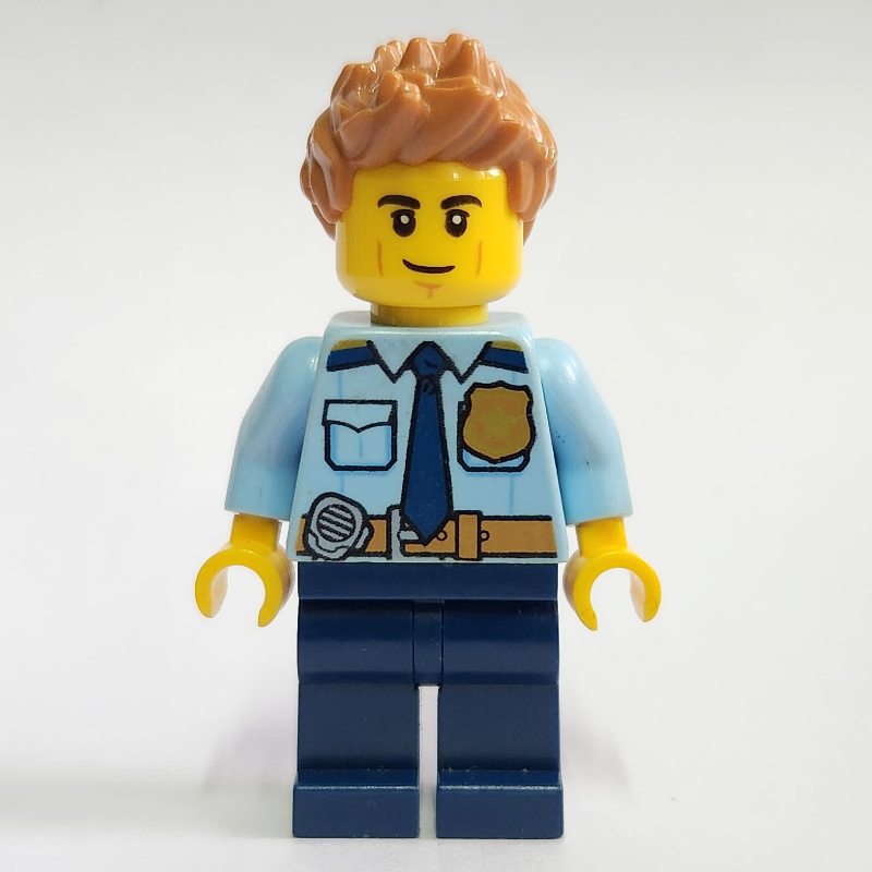 LEGO Policeman, Bright Light Blue Shirt with Dark Blue Tie, Badge, and Radio on Belt, Medium Nougat Spiked Hair (fig-007936)