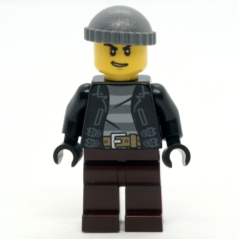 LEGO Criminal, Open Black Jacket over Prison Shirt, Dark Brown Legs, Dark Bluish Gray Hat (fig-007941)