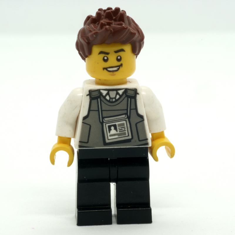 LEGO Security Guard, Dark Bluish Gray Vest with ID Badge, Reddish Brown Hair (fig-007942)
