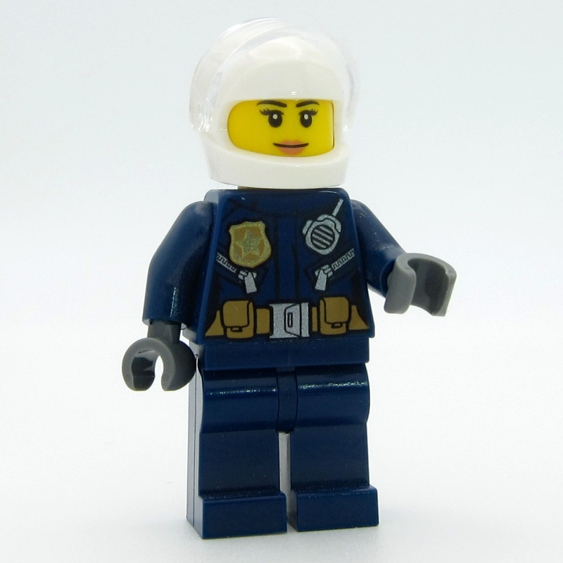 LEGO Policewoman, Dark Blue Jacket with Radio, Badge, and Belt with Pouches, White Helmet with Trans-Clear Visor (fig-007944)