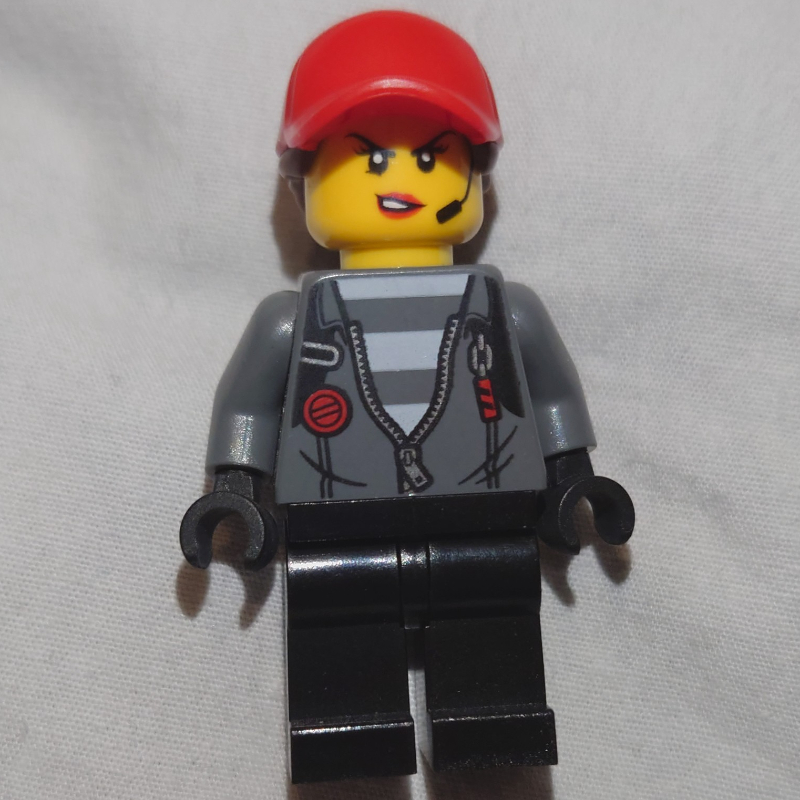 LEGO Criminal, Woman, Open Dark Bluish Gray Jacket with Zipper over Prison Shirt, Red Cap with Hair (fig-007948)