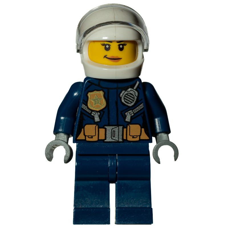 LEGO Policewoman, Dark Blue Jacket with Radio, Badge, and Belt with Pouches, White Helmet with Trans-Clear Visor, Smirk (fig-007952)