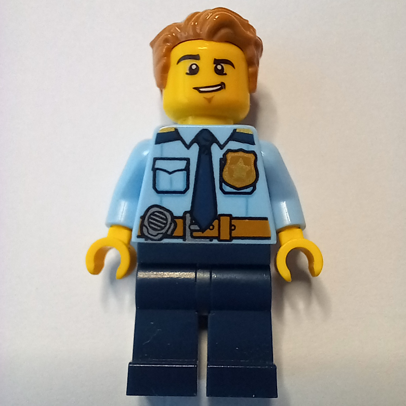 LEGO Policeman, Bright Light Blue Shirt with Dark Blue Tie, Badge, and Radio on Belt, Medium Nougat Hair (fig-007953)