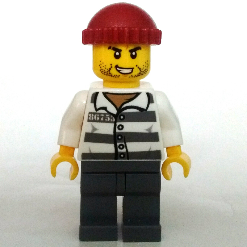 LEGO Criminal, Prison Shirt with #86753, Dark Bluish Gray Legs, Dark Red Hat (fig-007954)