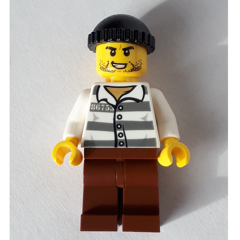 LEGO Criminal, Prison Shirt with #86753, Reddish Brown Legs, Black Hat (fig-007955)