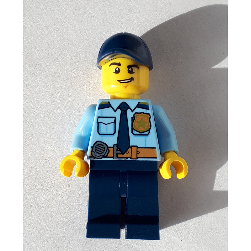 LEGO Policeman, Bright Light Blue Shirt with Dark Blue Tie, Badge, and Radio on Belt, Dark Blue Cap, Open Mouth (fig-007956)