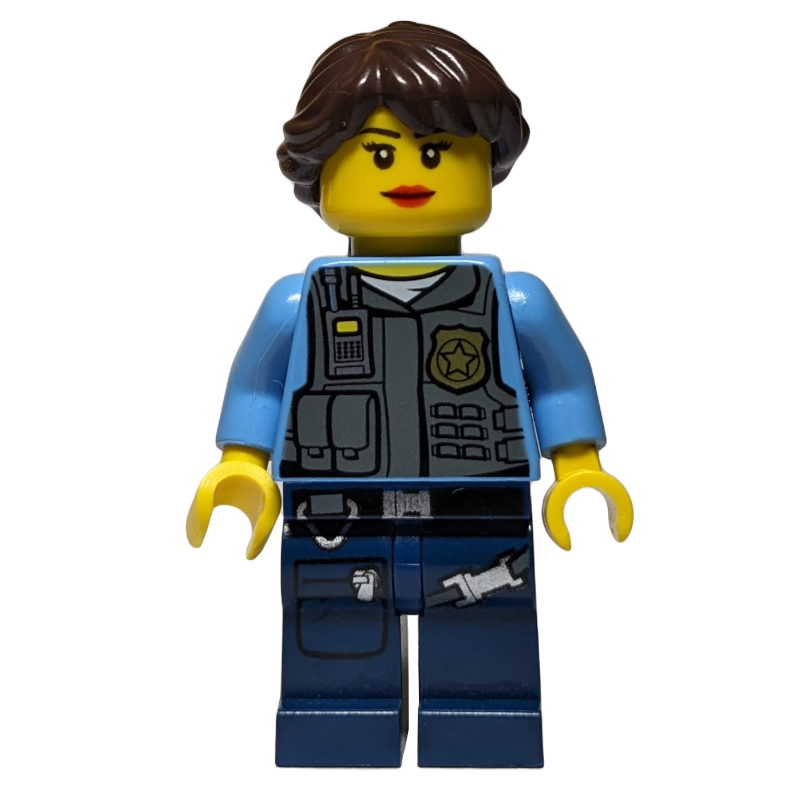 LEGO Policewoman, Dark Bluish Gray Vest with Radio, Badge and Pouches over Medium Blue Shirt, Dark Brown Hair (fig-007957)