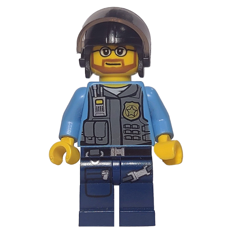 LEGO Policeman, Dark Bluish Gray Vest with Radio, Badge and Pouches over Medium Blue Shirt, Black Helmet with Visor, Beard and Glasses (fig-007960)