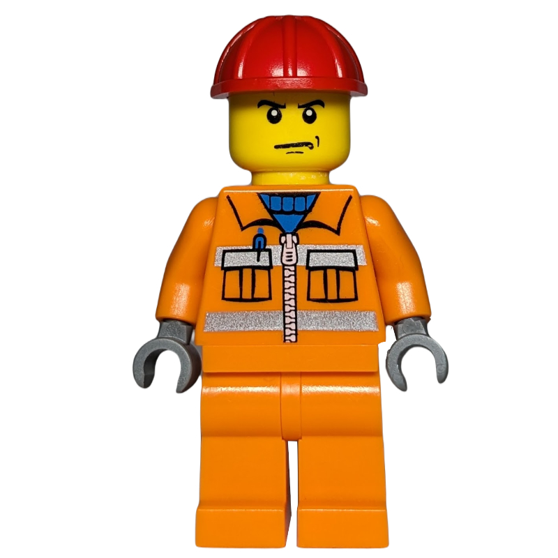 LEGO Construction Worker, Orange Jacket with Zipper and Reflective Stripes, Orange Legs, Red Hard Hat (fig-007961)