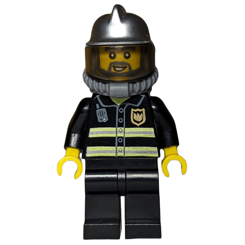LEGO Fireman, Black Fire Jacket with Radio and Badge, Silver Helmet with Visor, Airtanks, Breathing Apparatus, Beard (fig-007962)