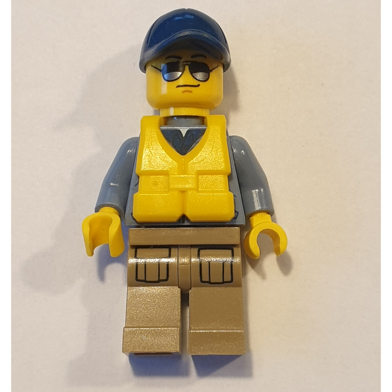 LEGO Policeman, Sand Blue Jacket with Pockets and 'POLICE' on Back, Dark Blue Cap, Yellow Life Vest, Sunglasses (fig-007964)