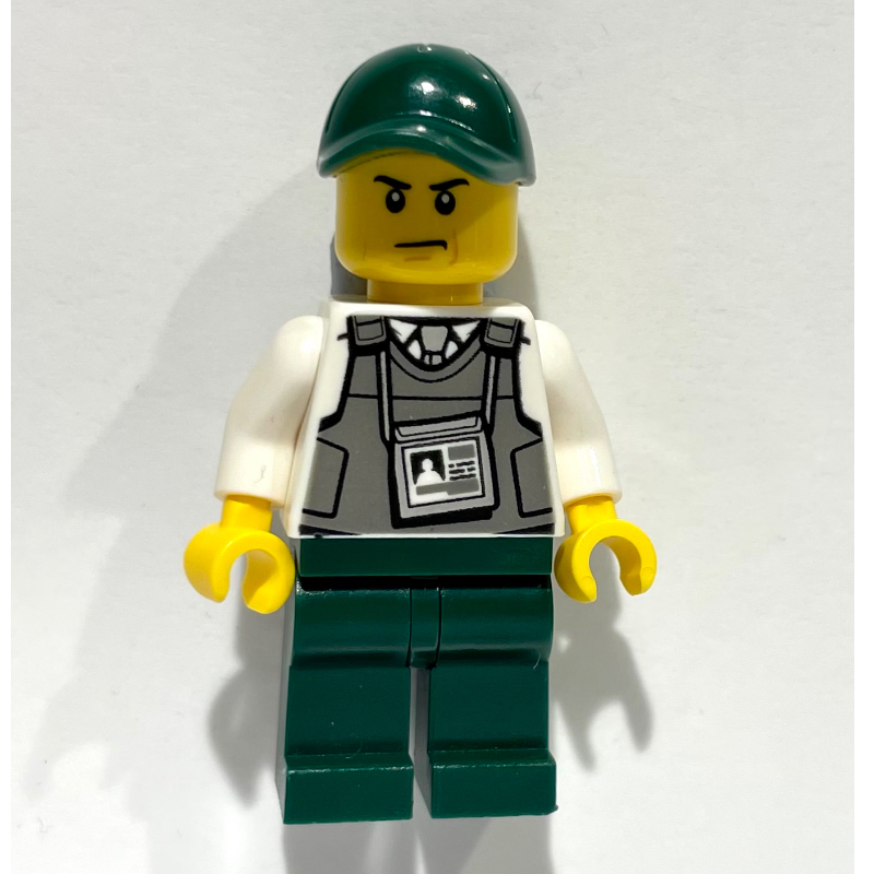 LEGO Security Guard, Dark Bluish Gray Vest with ID Badge, Dark Green Cap (fig-007965)