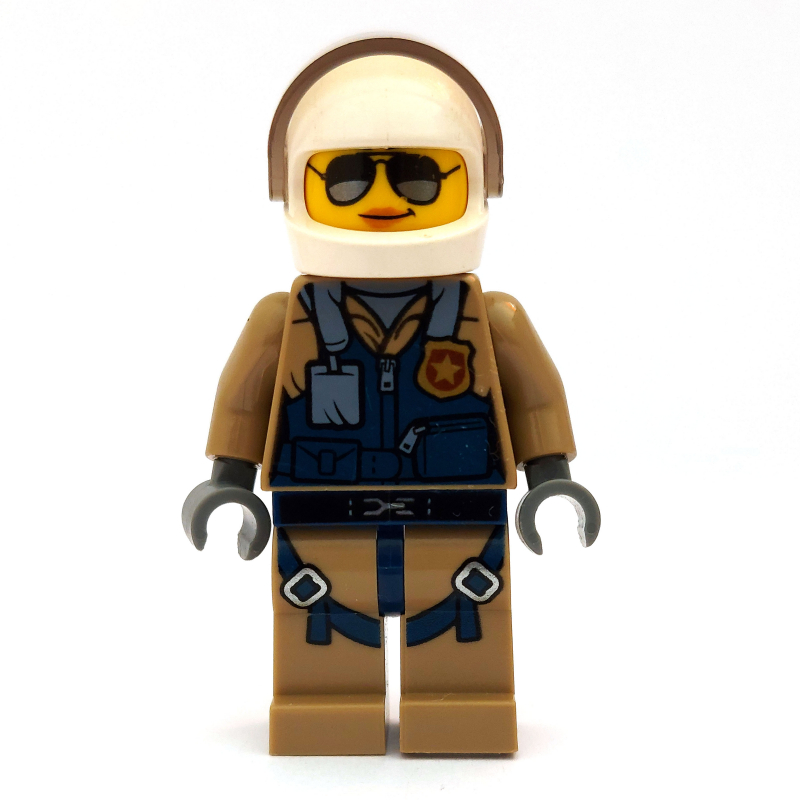 LEGO Policewoman, Dark Blue Vest over Dark Tan Jacket with Zipper and Badge, White Helmet with Visor, Sunglasses (fig-007966)