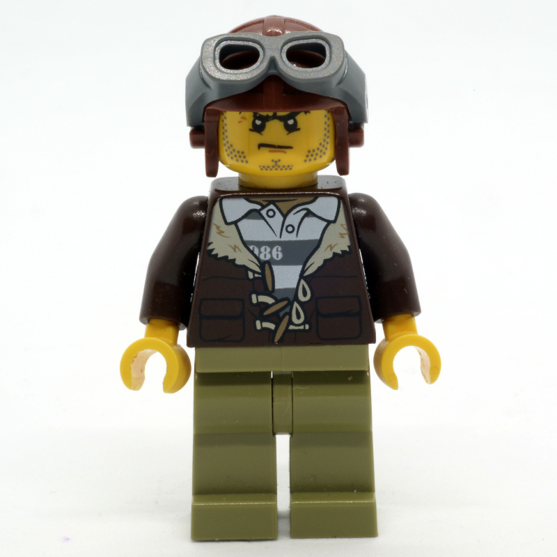 LEGO Criminal, Open Dark Brown Jacket over Prison Shirt, Reddish Brown Hat with Goggles (fig-007968)