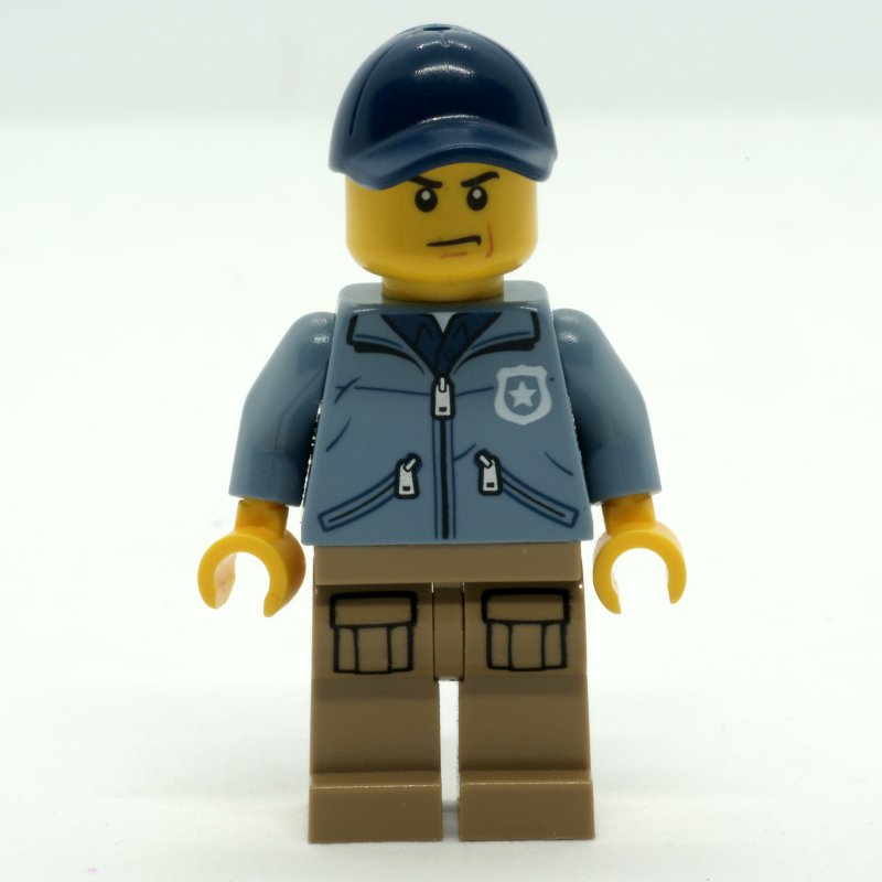 LEGO Policeman, Sand Blue Jacket with Pockets and 'POLICE' on Back, Dark Blue Cap (fig-007969)