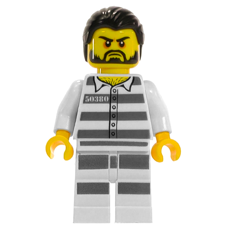 LEGO Criminal, Prison Shirt with #50380, White Legs with Prison Stripes, Black Hair, Beard (fig-007970)