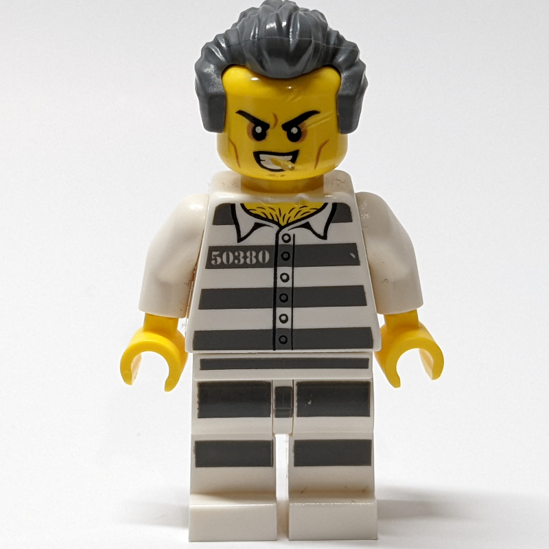 LEGO Criminal Tony "T" Colorado, Prison Shirt with #50380, White Legs with Prison Stripes, Dark Bluish Gray Hair (fig-007972)