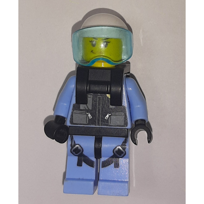 LEGO Policewoman, Black Vest with Badge and Pouches over Bright Light Blue Shirt, White Helmet with Visor, Neck Bracket (fig-007974)