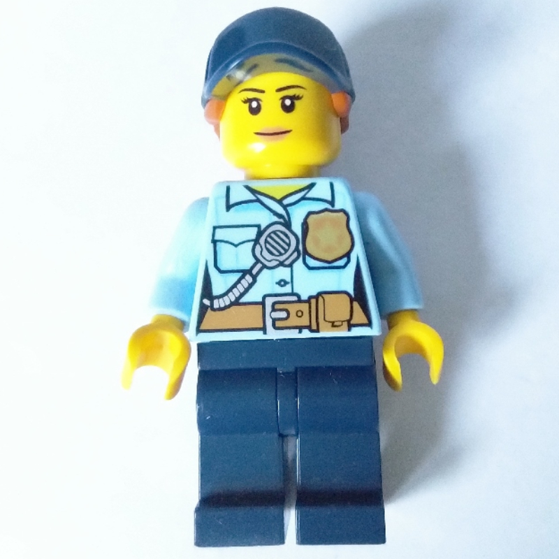LEGO Policewoman, Bright Light Blue Shirt with Radio and Badge, Dark Blue Legs, Dark Blue Cap with Hair (fig-007975)