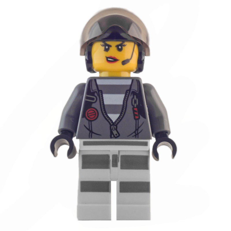 LEGO Criminal, Woman, Open Dark Bluish Gray Jacket with Zipper over Prison Shirt, Black Helmet with Visor (fig-007977)