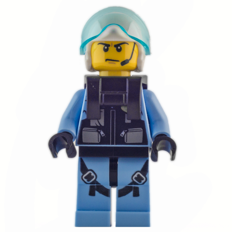 LEGO Policeman, Black Vest with Badge and Pouches over Bright Light Blue Shirt, White Helmet with Visor, Neck Bracket, Headset (fig-007978)