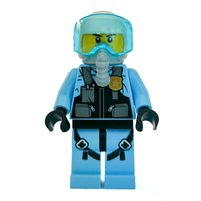 LEGO Policeman, Black Vest with Badge and Pouches over Bright Light Blue Shirt, White Helmet with Visor, Breathing Apparatus (fig-007979)