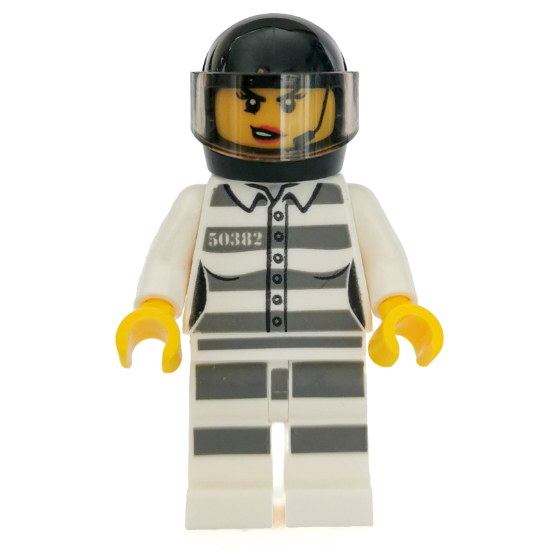 LEGO Criminal, Woman, Prison Shirt with #50382, Black Helmet with Visor, Headset (fig-007980)