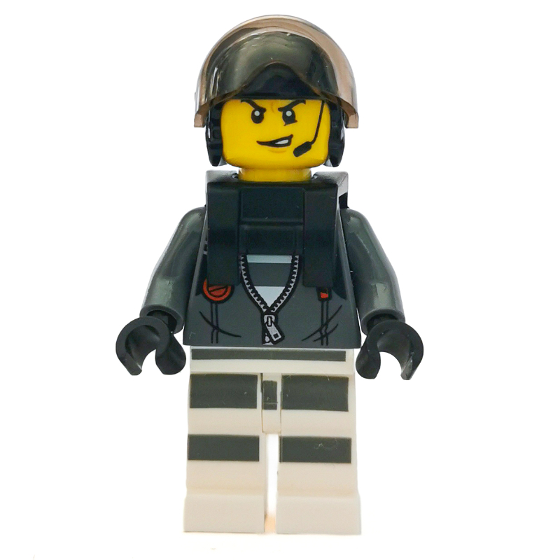 LEGO Criminal, Open Dark Bluish Gray Jacket with Zipper over Prison Shirt, Black Helmet with Visor, Neck Bracket, Headset (fig-007981)