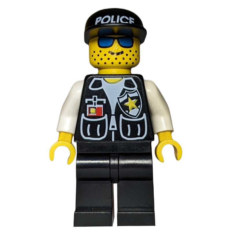 LEGO Policeman, Black Vest with Badge and Pockets, Black Legs, Black Cap with 'POLICE', Blue Sunglasses (fig-007984)