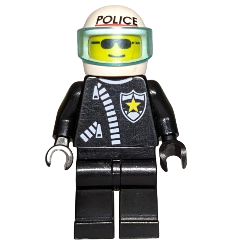 LEGO Policeman, Black Jacket with Zipper and Badge, White Helmet with Visor, Sunglasses (fig-007985)