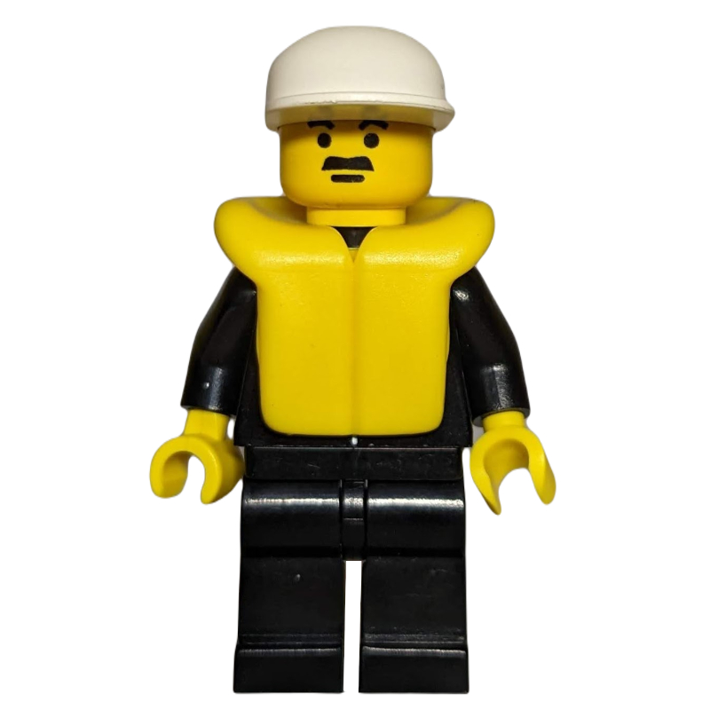 LEGO Policeman, Black Suit with Tie and Badge, White Cap, Yellow Life Vest, Moustache (fig-007986)