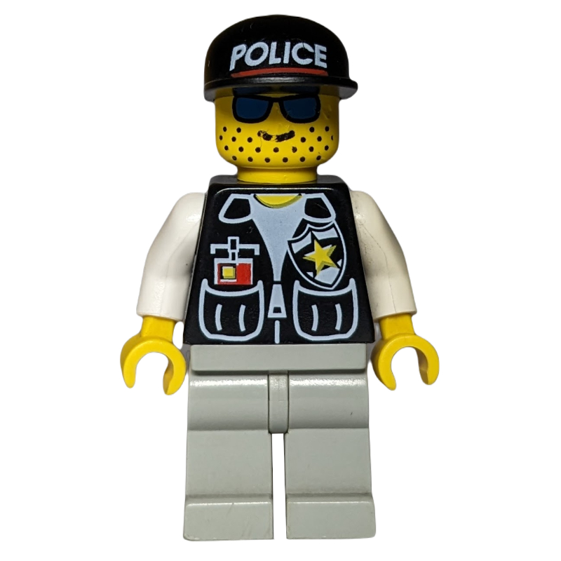 LEGO Policeman, Black Vest with Badge and Pockets, Light Gray Legs, Black Cap with 'POLICE', Blue Sunglasses (fig-007989)