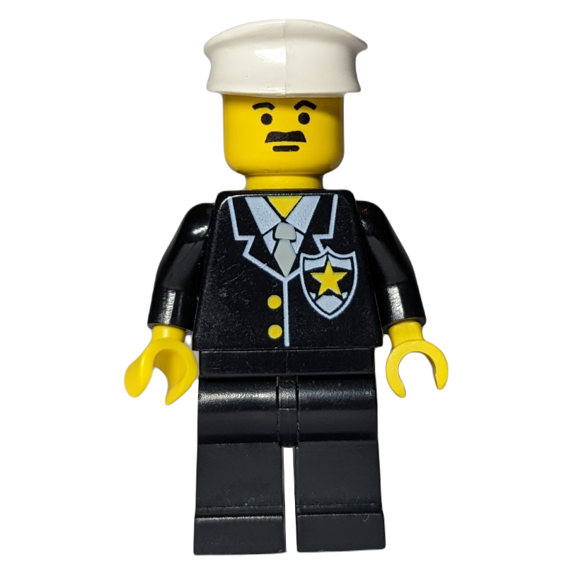 LEGO Policeman, Black Suit with Tie and Badge, White Hat, Moustache (fig-007990)