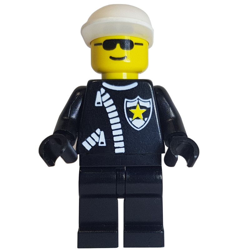 LEGO Policeman, Black Jacket with Zipper and Badge, White Cap, Sunglasses (fig-007991)