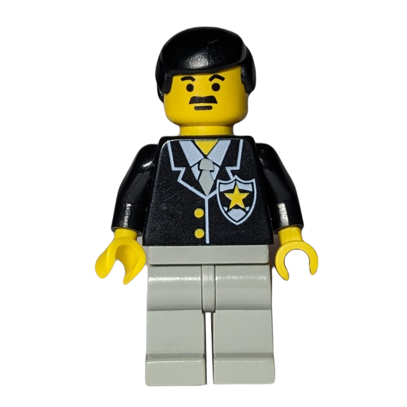 LEGO Policeman, Black Jacket with Tie and Badge, Light Gray Legs, Black Hair, Moustache (fig-007995)