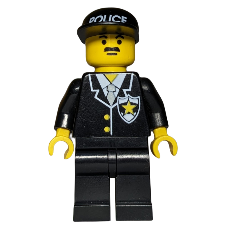 LEGO Policeman, Black Suit with Tie and Badge, Black Cap with 'POLICE', Moustache (fig-007996)