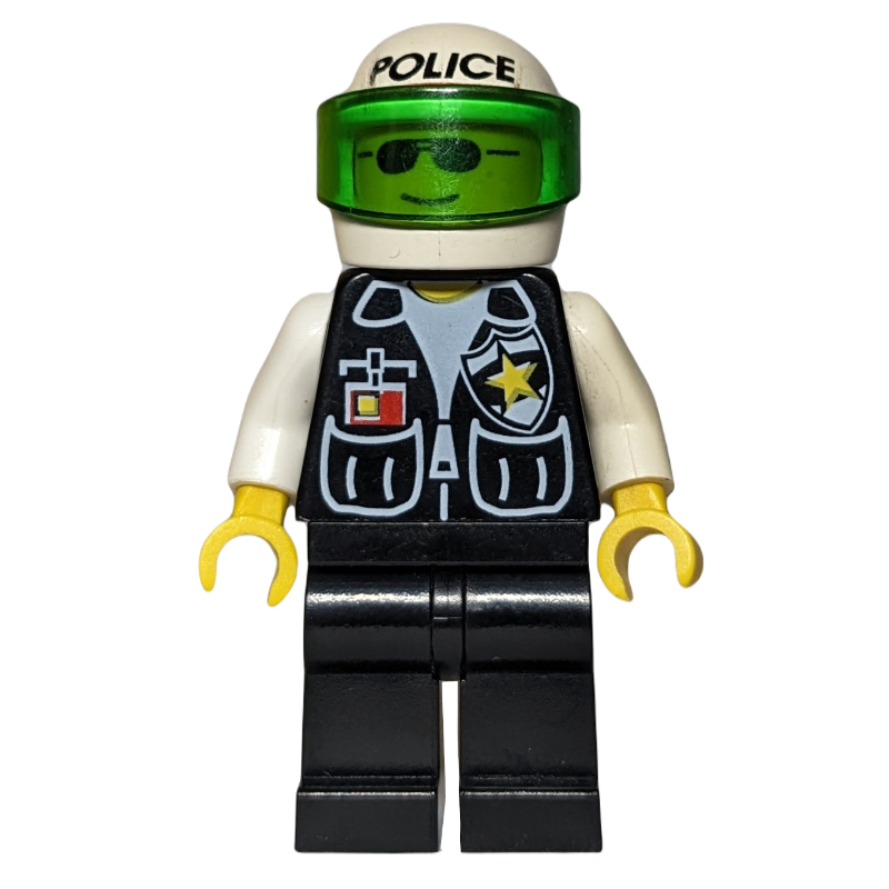 LEGO Policeman, Black Vest with Badge and Pockets, White Helmet with 'POLICE' and Trans-Green Visor, Sunglasses (fig-007998)