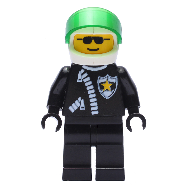 LEGO Policeman, Black Jacket with Zipper and Badge, White Helmet with Trans-Green Visor, Sunglasses (fig-007999)