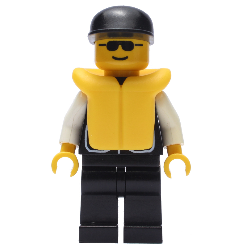LEGO Policeman, Black Vest with Badge and Pockets, Black Cap, Yellow Life Vest, Sunglasses (fig-008000)