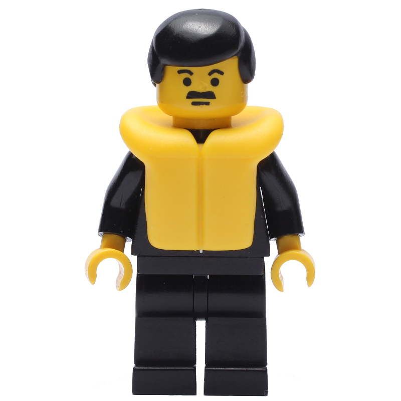 LEGO Policeman, Black Suit with Tie and Badge, Black Hair, Yellow Life Vest, Moustache (fig-008001)